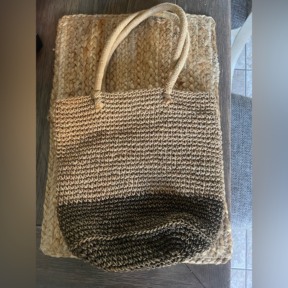 J Crew Woven Two-Tone Straw Tote Bag